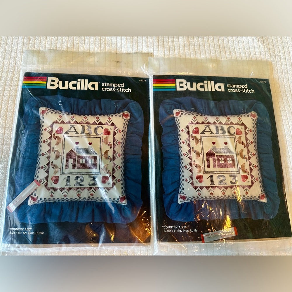 Lot (2) Sealed Vintage NOS 1980’s Bucilla Country ABC Cross Stitch Pillow Kits